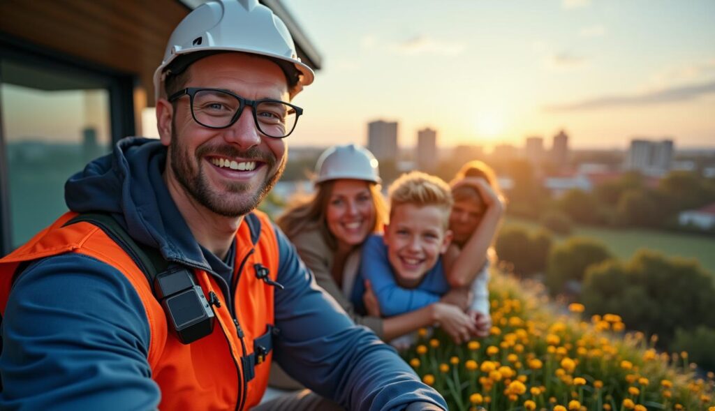 Tekniker installerer fiber – familie fejrer.
